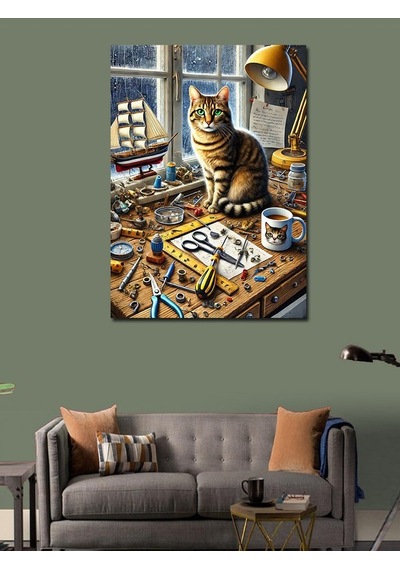 Kanvas Tablo Sanatçı Masası Ve Kedi 70cmx100cm