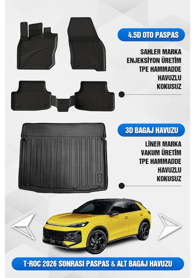Volkswagen T-roc 2026 Sonrası Uyumlu 4.5d Premium Havuzlu Oto Paspas Ve Liner Alt Bagaj Havuzu