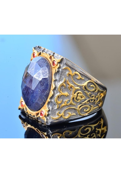 Erkek Sterlin Gümüş Sultan Yüzük - Doğal Safir Taşı Gümüş