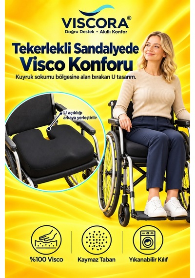 Tekerlekli Sandalye Minderi Visco U Şekilli Kuyruk Sokumu Destekli Kaymaz Oturma Minderi Siyah