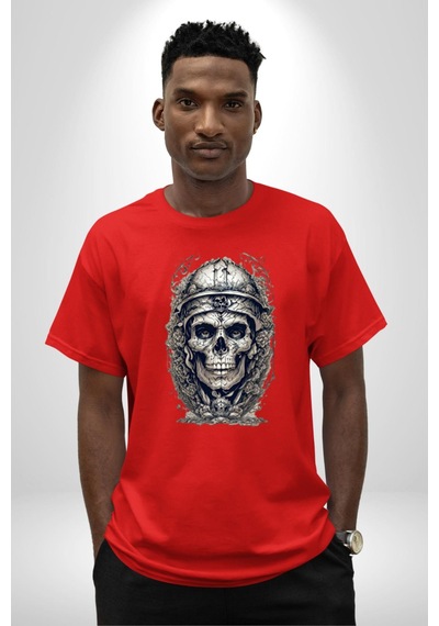 Kask Miğfer İskelet Asker Pamuklu Bisiklet Yaka Unisex Oversize Boyfriend Dijital Baskılı Kırmızı T-shirt Kırmızı