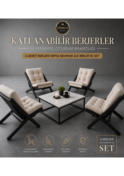 4lü Sehpalı Dinlenme Koltuğu Berjer Balkon Koltuğu Bahçe Kotuğu Tv Sandalyesi Krem