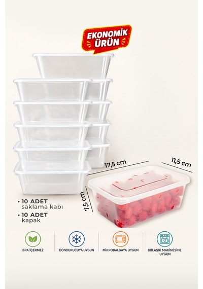 10 Adet 1000 Ml Ekonomik Buzdolabı & Mikrodalga Sızdırmaz Kapaklı Saklama Kabı Seti Buzluk Organizer Şeffaf