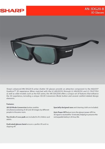 Sharp AN-3DG20B Aktif 3D Şarjlı Gözlük