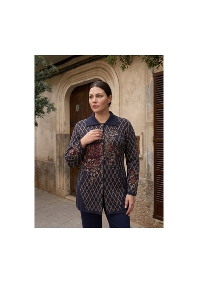 Onno Style Women Ekose Gül Pike Desenli Çelik Örgü Kadın Triko Kaban Lacivert