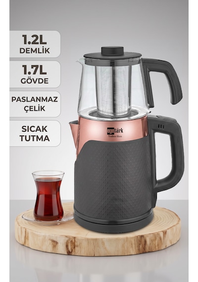 Teadem Glass Coverlı Elektrikli Çay Makinesi Çaycı 2000W 1.7l Kettle 1.2l Cam Demlik 304 Paslanmaz Çelik Rose Gold