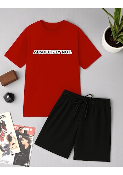 Uyguntarz Unisex Kesinlikle Hayır. Tasarım Basklı Tshirt Şort Takımı Kırmızı