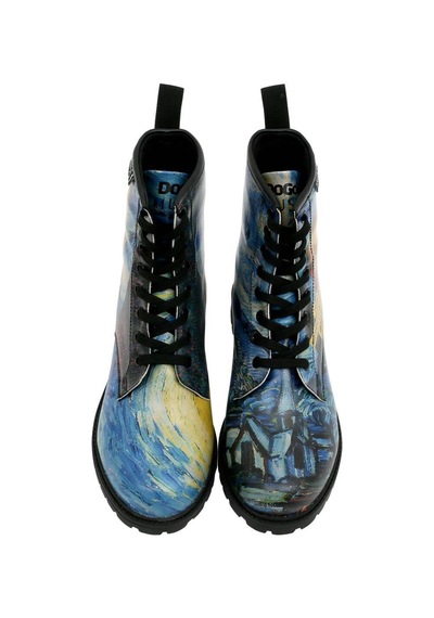 Kadın Vegan Deri Mavi Uzun Bot - Vincent Van Gogh The Starry Night Collage Muse Tasarım Multicolor