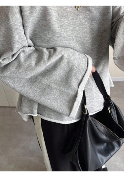 Oversize Kesim Bisiklet Yaka Uzun Kollu Sweatshirt Gri