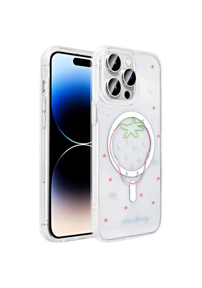 Apple Uyumlu iPad iPhone 14 Pro Max Kılıf M-safe Şarj Özellikli Şeffaf Zore Folk Sert Kapak Çilek