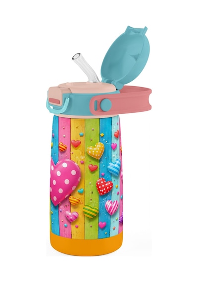 Puccon 420 Ml Paslanmaz Çelik Kız Çocuk Okul Termosu-matarası - 60015 - Pembe Kalp Desenli Pembe - Turkuaz