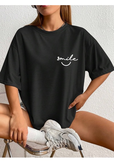 Smile Tasarım T-shirt - Siyah Baskılı Oversize Bisiklet Yaka Kısa Kol Tişört Siyah