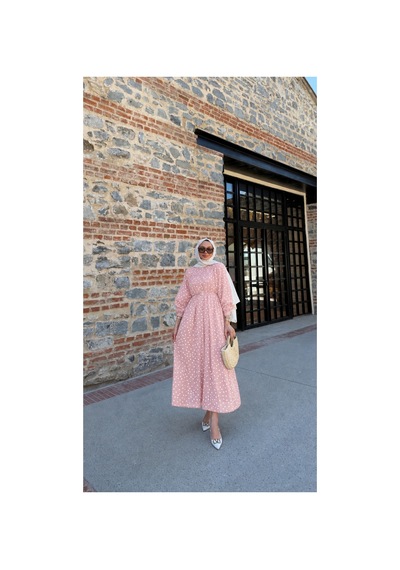 Riella Butik Sevoli Puantiyeli Tesettür Elbise Pembe