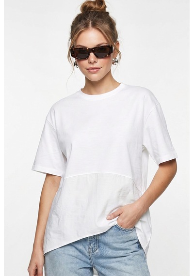 Shade Kadın Garnili Asimetrik Kesim Oversize Basic T-shirt 1069 60286252 - Beyaz