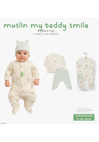 Bistyle 4lü Tüllü Set Müslin Teddy Smile Ekru-Mint