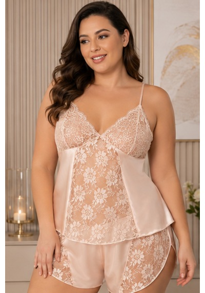 Loule Büyük Beden Somon Geniş Dantelli Saten Şortlu Pijama Takımı