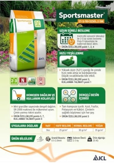 21-5-10+32so₃ Kontrollü Salınımlı Çim Gübresi 2-3 Ay 25 Kg 0.75 LT - 2.5 LT - 12 KG