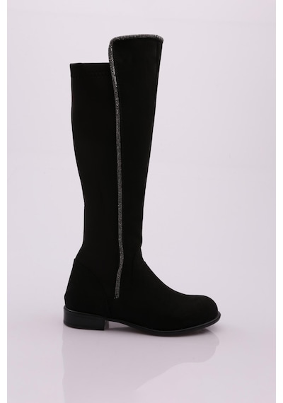 Dgn 508 Kadın Arkası Stretch Yan Taşlı Şerit Knee High Flats Çizme 508-1557-R1680 Siyah