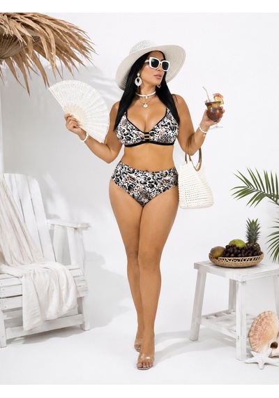 Büyük Beden Sabit Pedli Luplu Leopar Desenli Toparlayıcı Yüksek Bel Kadın Bikini Takım Bej