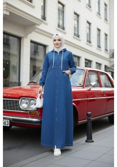 Hb Harma Time Butik Kadın Kapüşonlu, Fermuarlı Ve Cepli Koyu Kot Mavi Kap Koyu Mavi