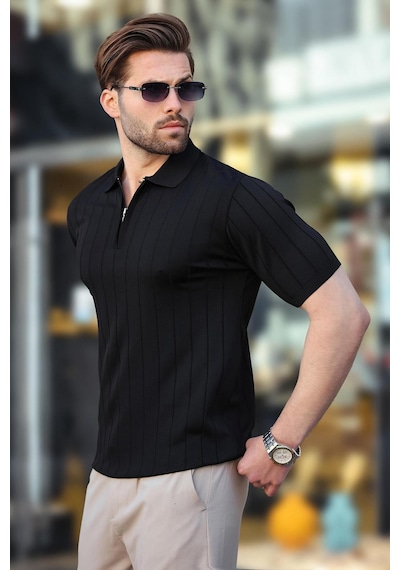 Madmext Madmext Siyah Polo Yaka Fermuarlı Erkek T-shirt E7298 Siyah