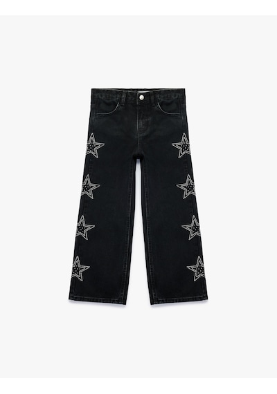 Koton Pamuklu Yıldız Desenli Geniş Paça Denim Pantolon Siyah 7wkg40030ad