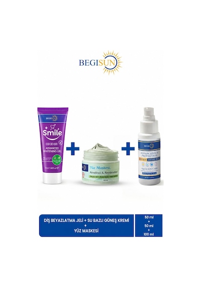 Begısun 3'lü Kişisel Bakım Seti - Diş Beyazlatma Jeli 50 Ml + Yüz Maskesi 100 Ml + Spf 50+ Güneş Kremi 50 Ml