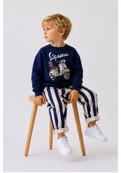 Baskılı Erkek Çocuk Sweatshirt & Lacivert Çizgili Eşofman Altlı Alt Üst Takım