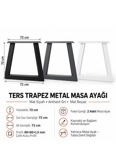 Evkolleksiyon Ters Trapez Metal Masa Ayağı 2 Li Takım 72x72 Cm 60x60 Çelik Profil Beyaz