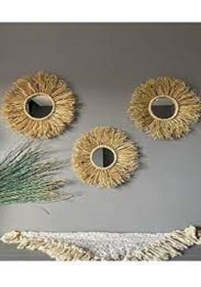 My Golden Beauty Woodda Dekoratif Aynalı Rafya Duvar Süsü Bohemian Style 3 Adet 45 Cm