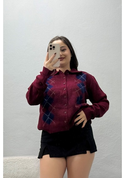 Belendir Kadın Desenli Triko Hırka Bordolaci Bordo
