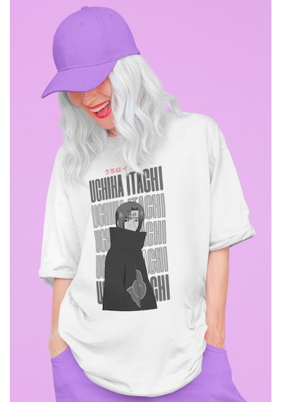 Sevbano Tasarım Uchiha Itachi Baskılı Unisex Oversize Naruto Anime Dizi K Beyaz