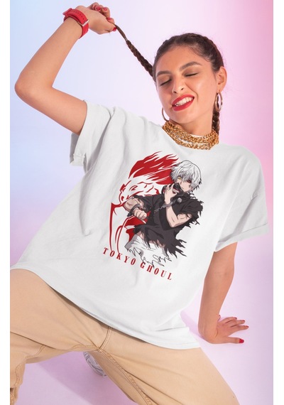 Tokyo Ghoul Wiki Baskılı Unisex Oversize Anime Dizi Karakter Tişö Beyaz