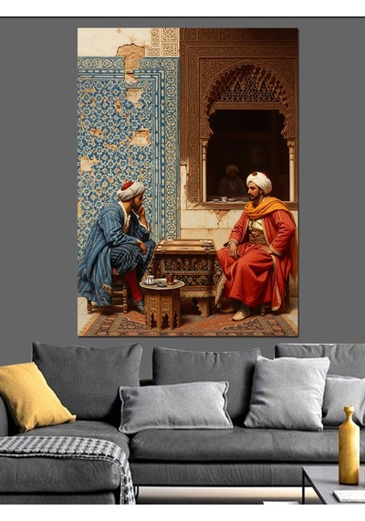 Ahşap Tablo Halı Üzerinde Sohbet Eden Adamlar