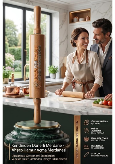 Transformacion Professional Dönerli Ahşap Merdane 43 Cm, Ergonomik Şef Tipi Hamur Açma, Profesyonel Pizza, Börek Ve