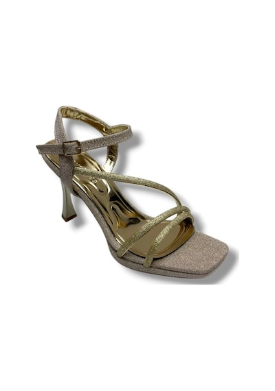Erbay 688-26 Parlak Simli Saten 3 Bant Orta Topuk Kadın Sandalet 10cm Altın