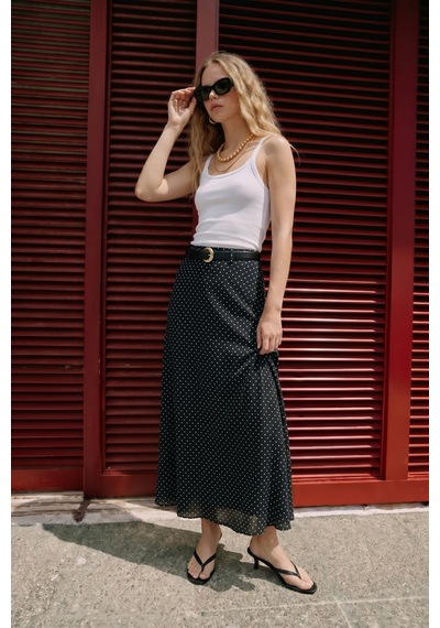 Sateen Puantiyeli Uzun Etek - Siyah-137572