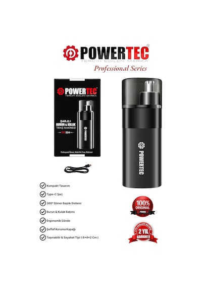 Powertec TR-504 Profesyonel Şarjlı Burun & Kulak Kılı Tıraş Makinesi 9600 Rpm 2 Saat Siyah