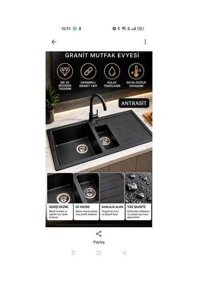 Granit Evye Zuma Series Antrasit Renk 1,5 Göz En :1000mm Boy :500mm Derinlik :200 Mm Gri