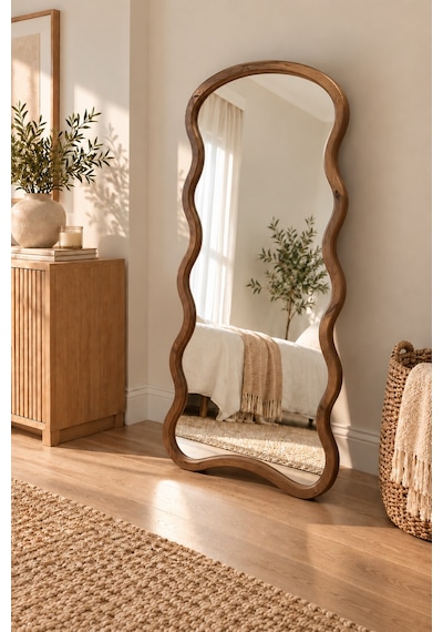 Mirroir Ceviz Ahşap Çerçeve Dalgalı Model Ayaklı Boy Aynası 80x180