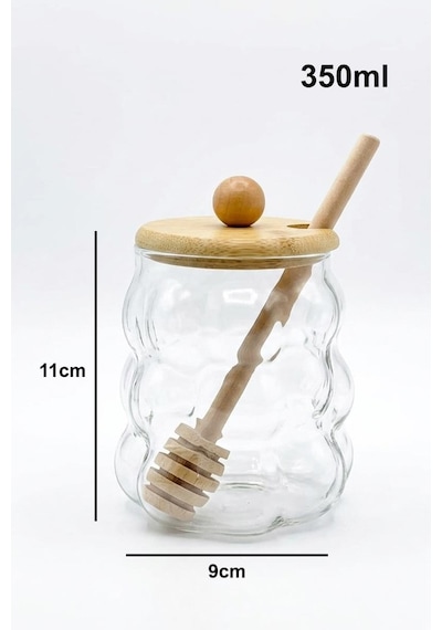 Borosilikat Cam Bal Kavanozu, Bambu Kapak 350ml Şeffaf
