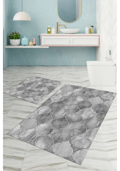 Buççin Online Mağaza Dijital Baskılı Yıkanabilir Kaymaz Taban Kupa Desenli Banyo Paspası Klozet Takımı Polyester Gri Çok Renkli