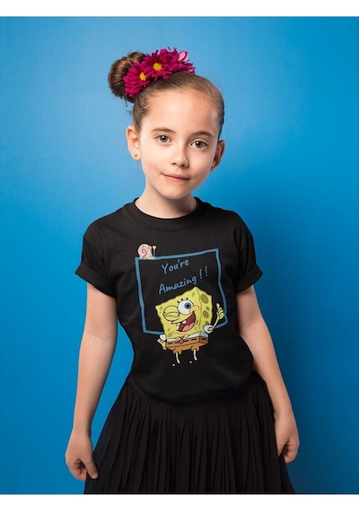 Sevbano Süngerbob You Are Amazing Yazılı Unisex Çizgi Film Çocuk Tişört Siyah