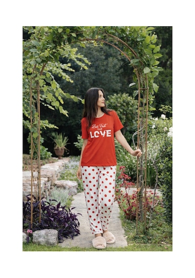 Rindahomewear Kadın Milan Kalp Desenli Kısakol Pijama Takımı Kırmızı2