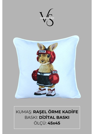 Kırlent Kılıfı Tavşan Desenli 45x45 Raşel Örme Kadife Çift Taraflı Dijital Baskı Beyaz Biyeli 02 Beyaz