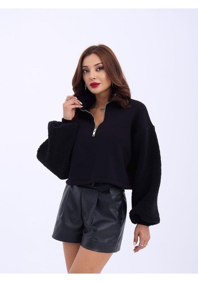 Fashion Friends Peluş Tiftik Kollu Kalın Kışlık Sıcacık Bel Lastikli Kısa Krop Sweat Siyah Fashion Friends Peluş Tiftik Kollu Kalın Kışlık Sıcacık Bel Lastikli Kısa Krop Sweat Siyah