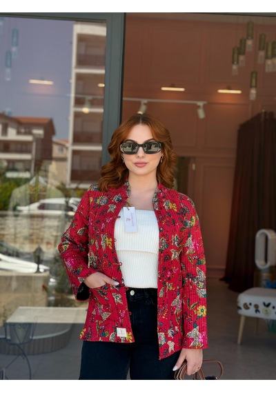 Jasminurgancy Özel Tasarım Çift Taraflı Kırmızı Çiçek Desenli Ceket