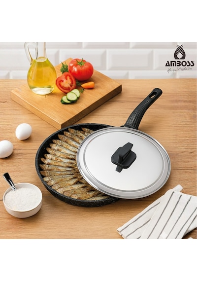Amboss Döküm Granit Kapaklı Balık Tavası 34 Cm gri