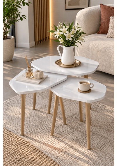 Sulorahome 3'lü Beyaz Geometrik Zigon Sehpa Seti Ahşap Ayaklı