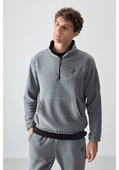 Tommy Life Gri Melanj Yarım Fermuar Dik Yaka Lastik Paça Polar Erkek Eşofman Takımı - 85159 GRİ MELANJ